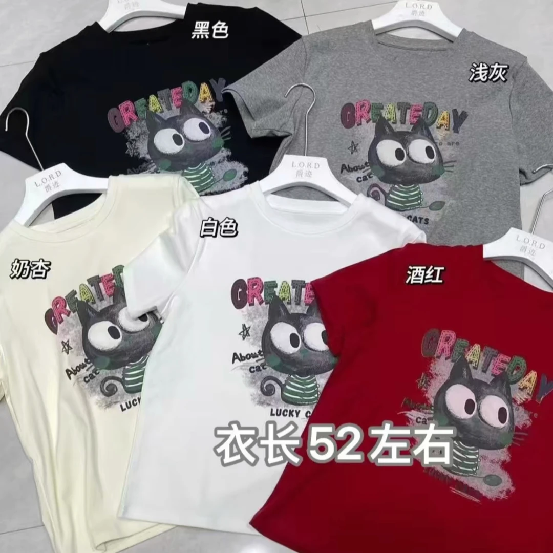 【有运费险】juejee家时尚休闲圆领短款精梳棉卡通猫咪印花短袖T恤