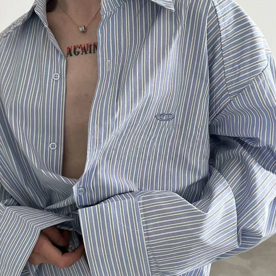 美式复古设计感蓝色条纹夏季气质长袖衬衫男翻领基础通勤潮