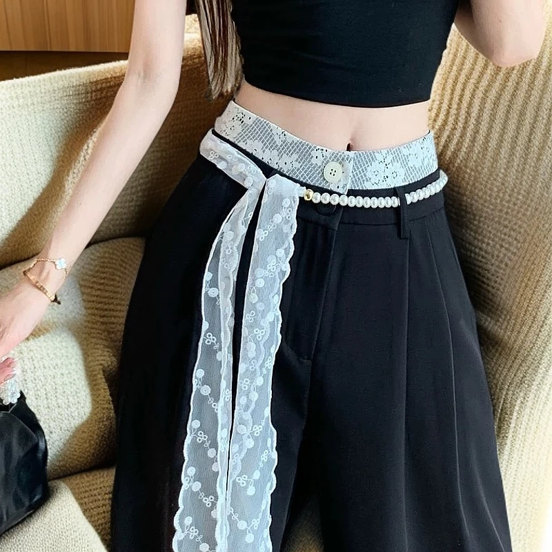 夏日小心机~白色珍珠蕾丝丝巾腰带牛仔裤腰间飘带长条多功能配饰