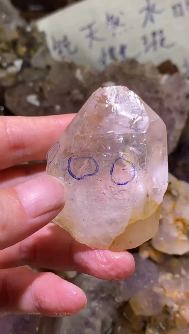 未镶嵌珠宝半成品水晶50号3个水胆+大爆彩+高透黄泥骸骨水晶原石