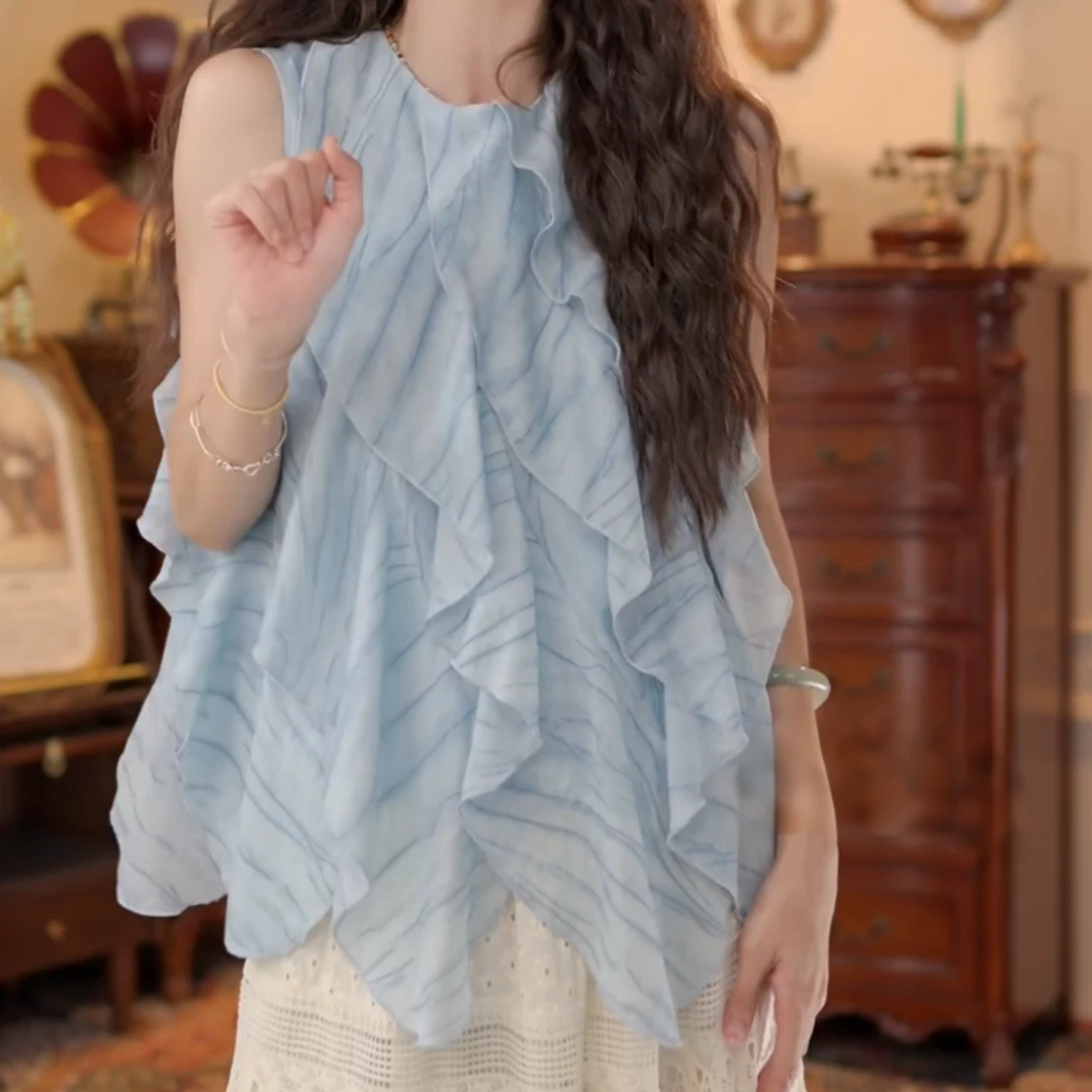 【流动的海】新款港风复古不规则拼接夏季百搭夏季衬衫LK2505357