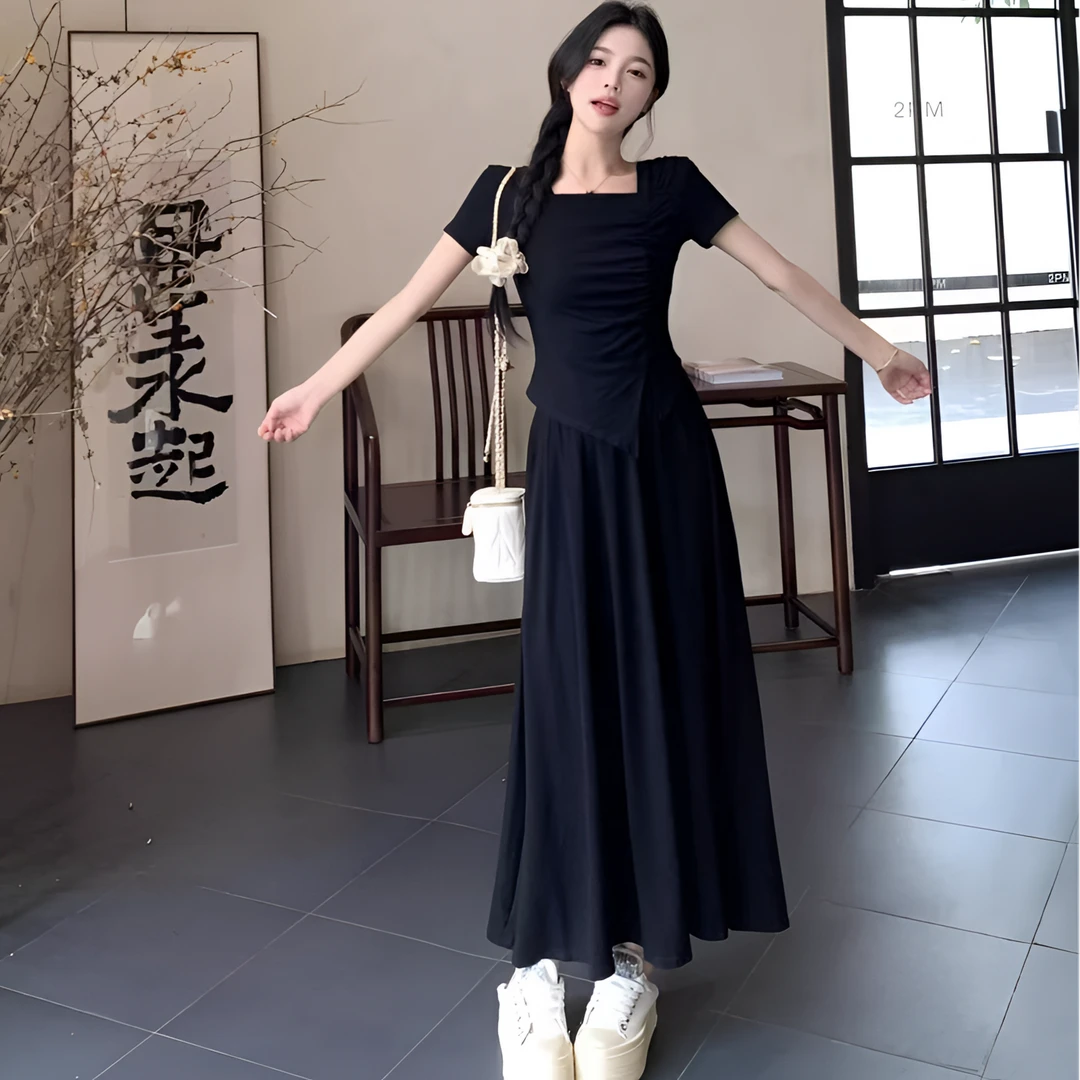 大码法式赫本风黑色两件套女夏季气质不规则设计感上衣半身裙套装