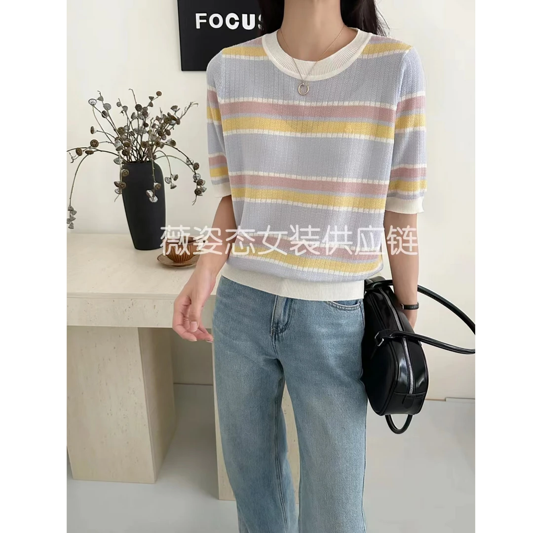 【彩虹条】短袖不褪色夏季拼接条纹毛针织衫时尚毛衣薄款拼色圆领