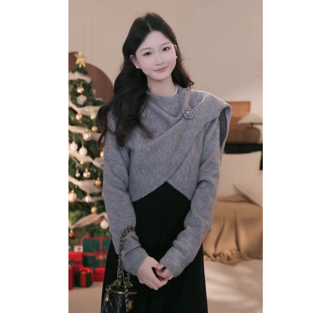 鹿向南「赤茶玫瑰」女秋冬连衣裙毛衣毛衣套装裙两件套DYL661635