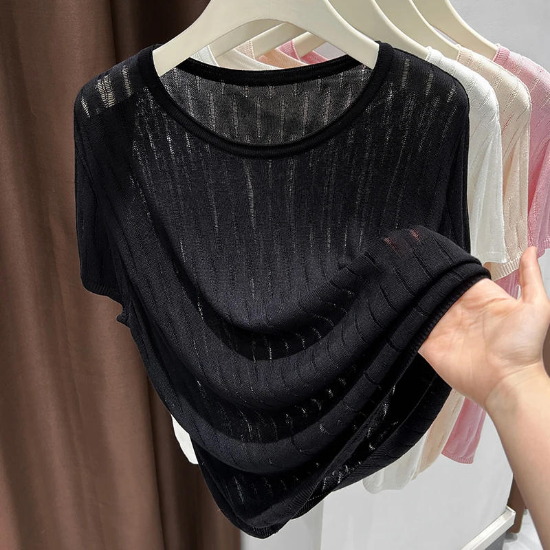 黑色显瘦冰丝短袖T恤上衣女新款设计感卷边圆领镂空针织防晒罩衫