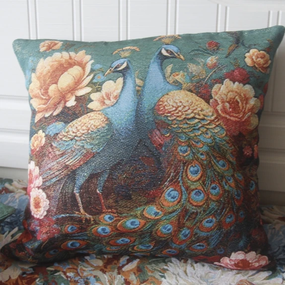 ZN031-10棉麻交织【45*45/对】孔雀抱枕巾（不含芯）