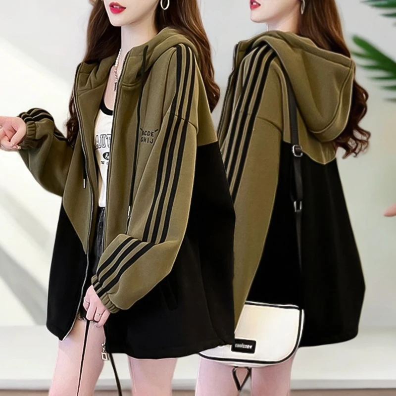 胖mm大码拼色条纹连帽开衫卫衣女春秋季新款韩版外穿显瘦上衣外套