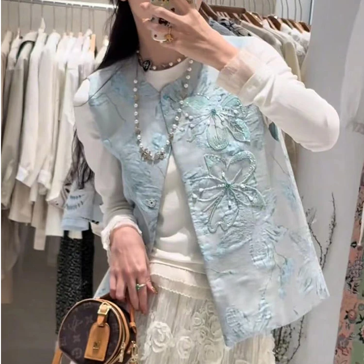 新中式钉珠提花马甲外穿青蓝色高级感年轻款减龄气质国风坎肩背心
