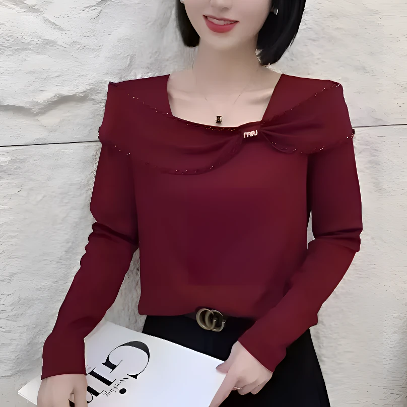 2025春季新品时尚法式蝴蝶结领手工钉珠百搭洋气修饰显瘦气质上衣