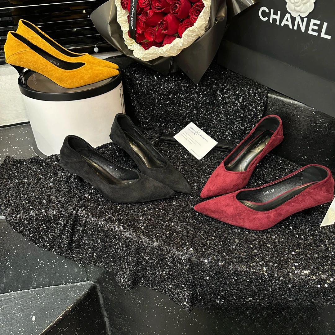 绒面尖头细跟时尚中跟女鞋浅口单鞋舒适百搭气质高跟鞋5616-1鞋子