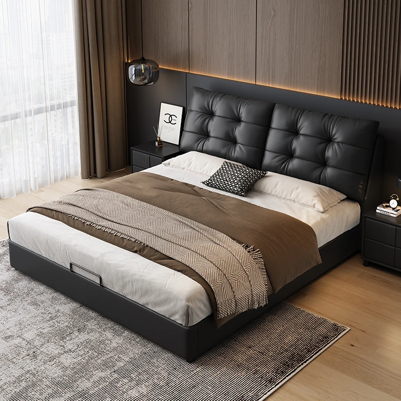 真皮床主卧意式极简薄床头小户型1.8米齐边双人婚床储物软包190