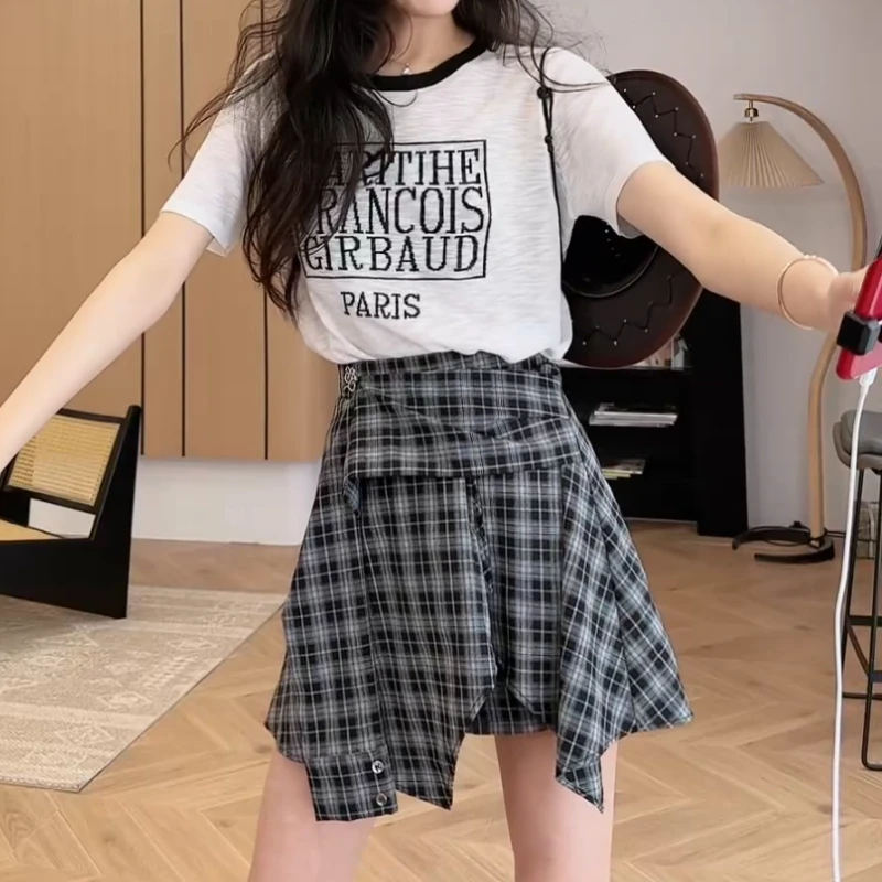 【运补6r】印花上衣+不规则格子裙裤套装时尚洋气减龄显瘦两件套女