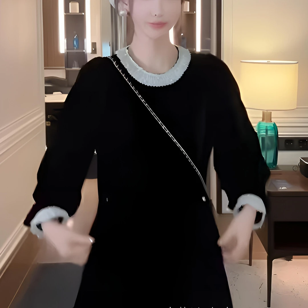 【苏苏精选】S863高端精致收腰气质黑色法式丝绒裙