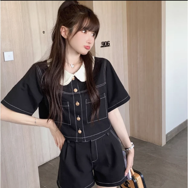 2025夏御姐气质娃娃领工装外套阔腿短裤两件套显瘦小香风上衣套装