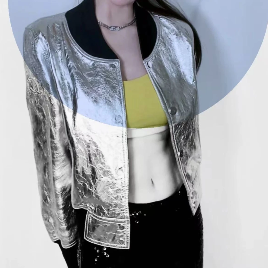 95新 Chanel/香奈儿 银色褶皱飞行员夹克/F42/编号297