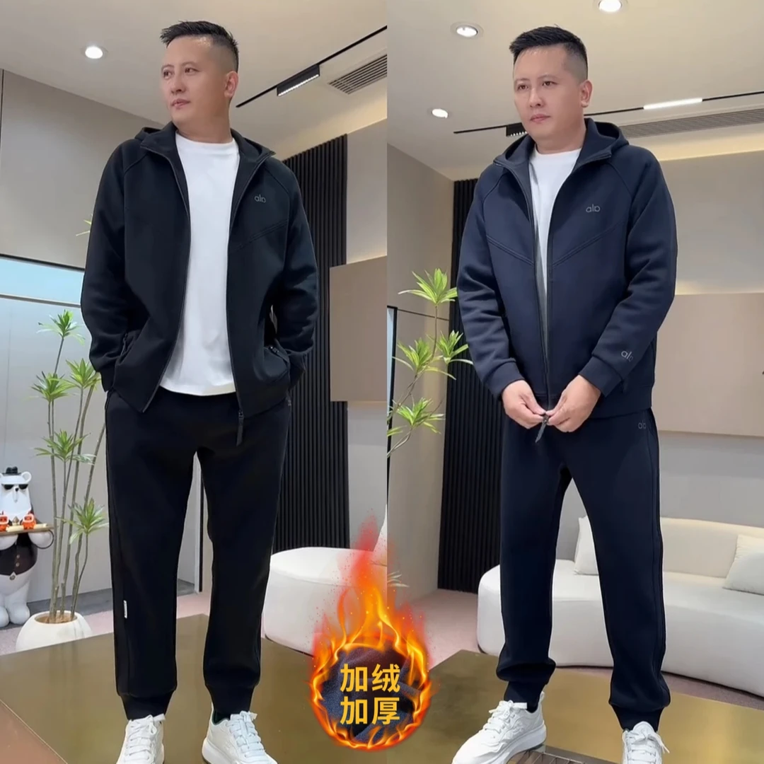 秋冬新款潮牌加绒休闲套装男士高档连帽开衫外套百搭束脚裤两件套