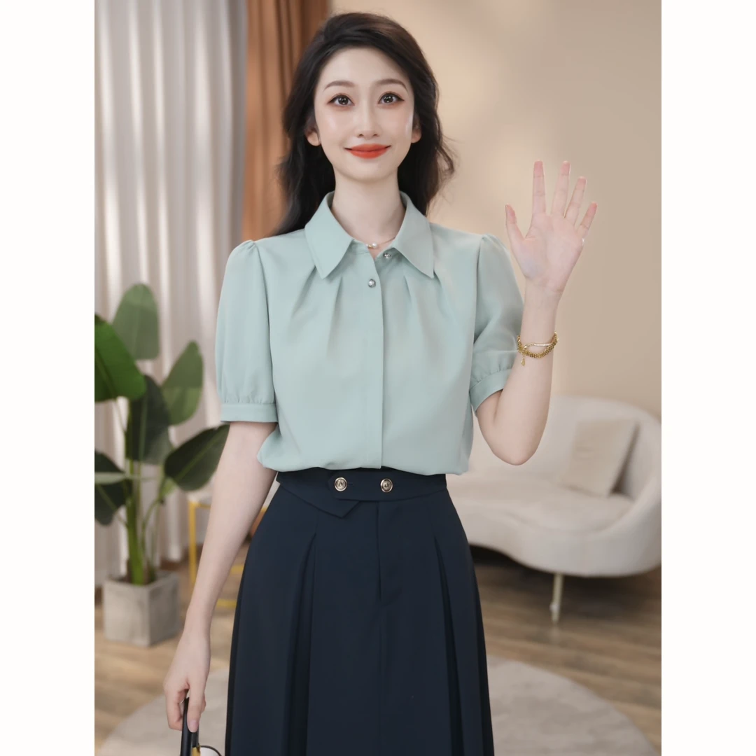 【曼贝】夏季新款时尚短袖豆荚绿通勤显瘦衬衫女8592458【珮珮】