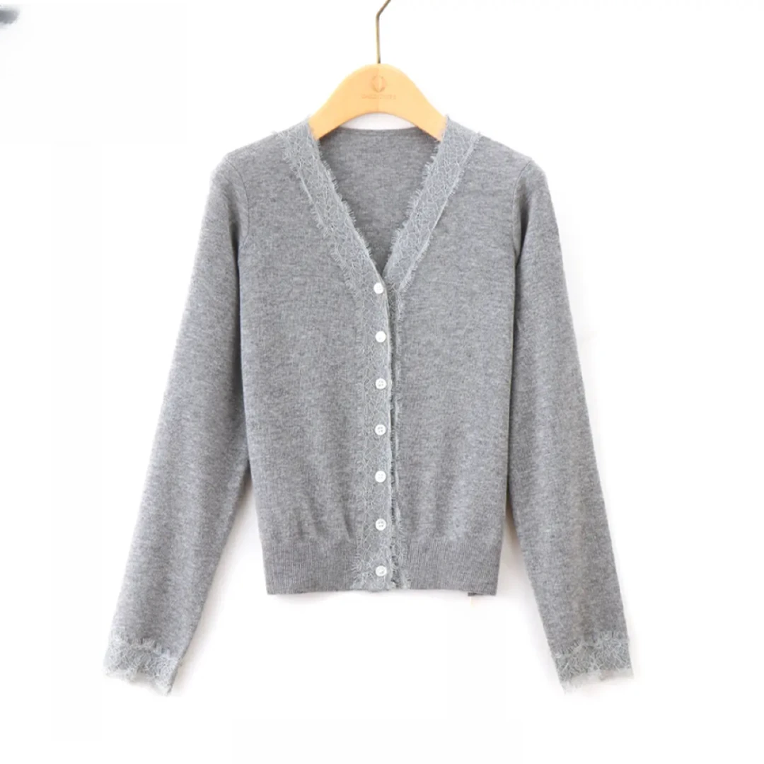 【丝丝入扣5】纯色蕾丝长袖开衫春秋女