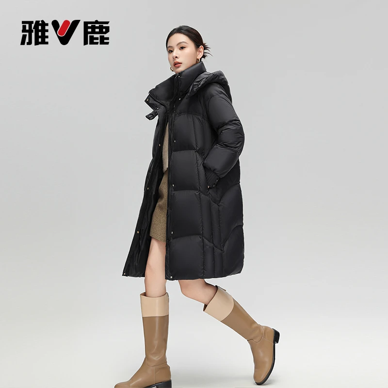V/雅鹿优选时尚宽松休闲长款保暖可拆卸帽90白鸭绒羽绒服女士