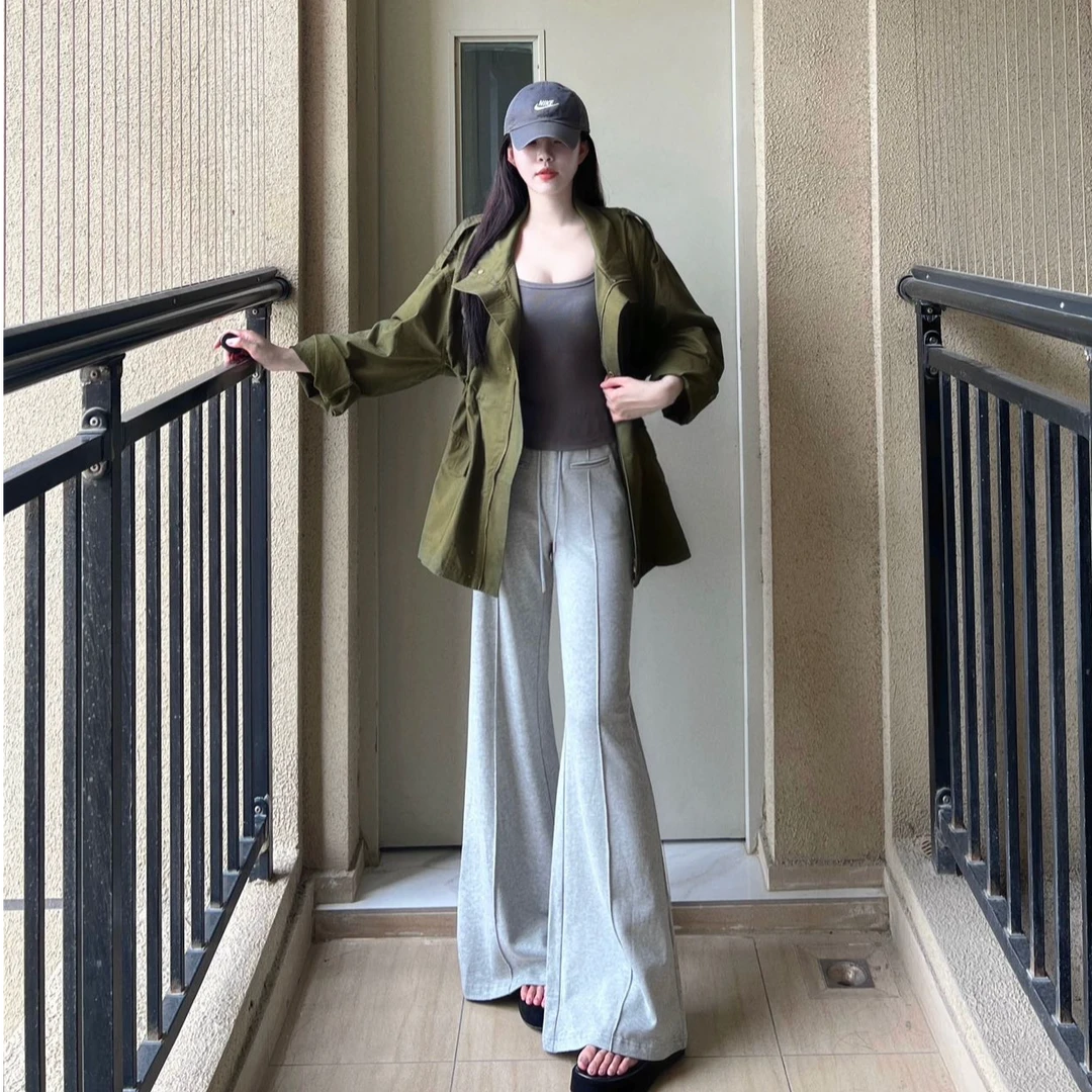 立领军绿色短款风衣外套女2025秋季新款洋气百搭上衣高腰休闲裤