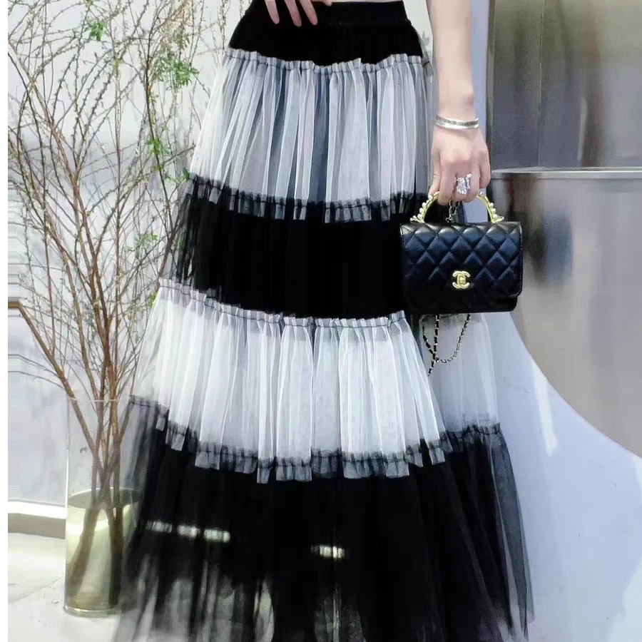 重工显瘦拼色长款纱裙