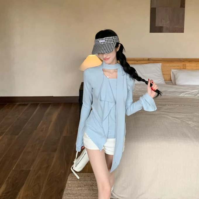 蓝色荷叶边飘带长袖T恤女装新款秋季打底衫修身显瘦内搭上衣