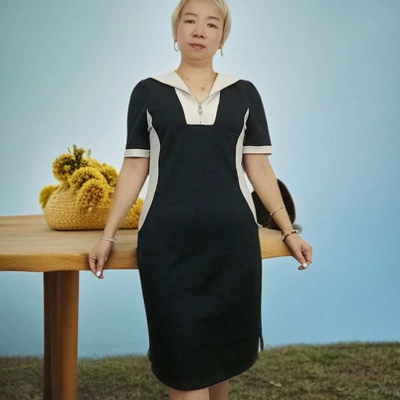 夏季黑色修身显廋气质女士时尚V领休闲复古优雅连衣裙显瘦裙子