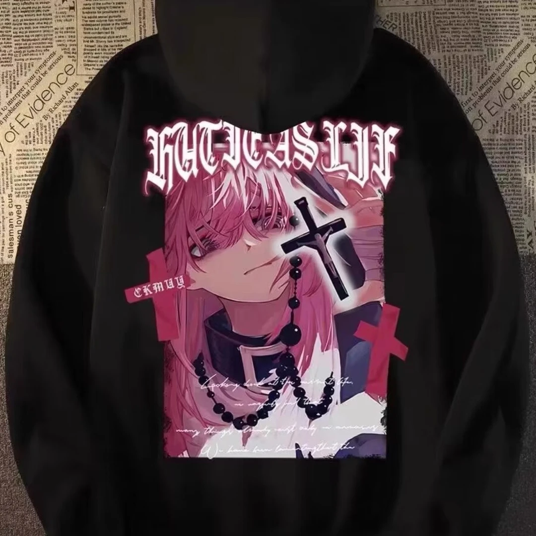 秋冬季美式复古动漫头像印花连帽卫衣男女款宽松加绒加厚高街外套