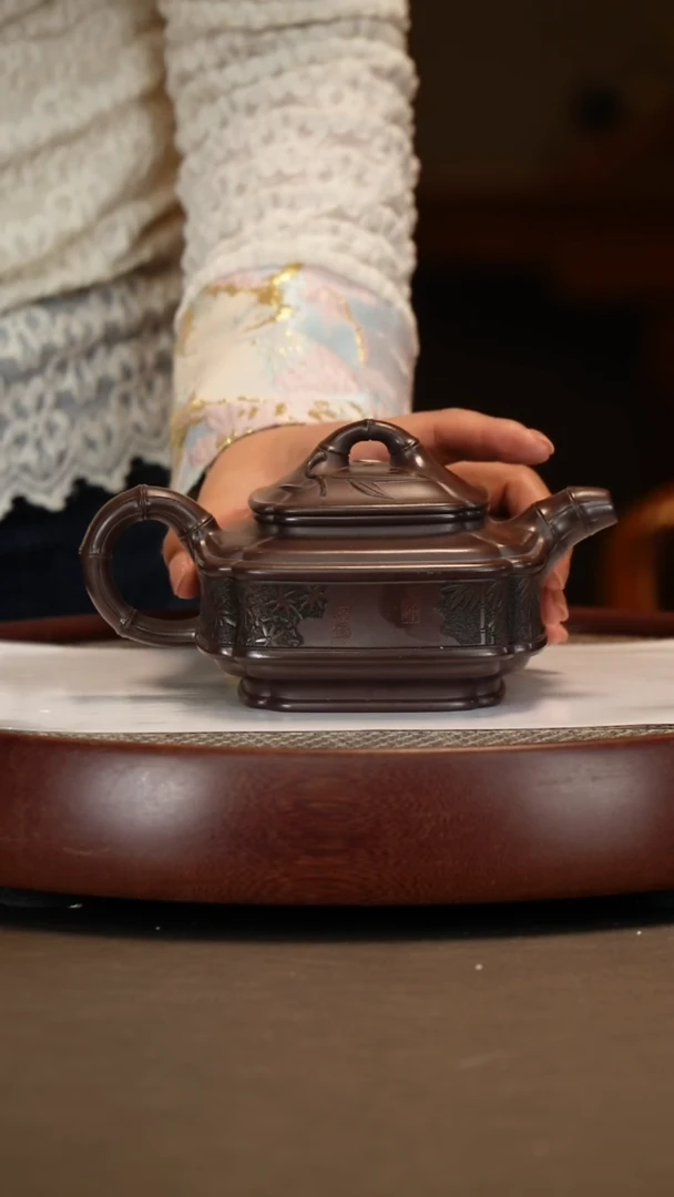 【闪购商品】紫砂茶壶【张赦棠】紫泥 四方竹鼓  500CC