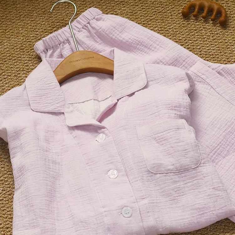 女家居服套装夏季纯棉大码睡衣翻领双层纱睡衣夏秋