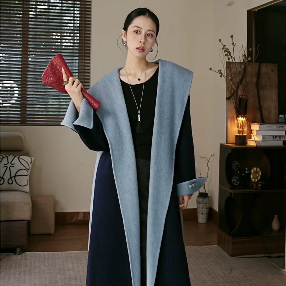 2025秋冬新款女装连帽绵羊毛大衣轻奢时尚百搭气质