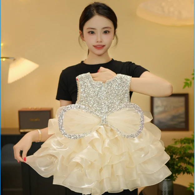 2025女童夏季新款高定蓬蓬裙小香风翅膀公主裙走秀连衣裙