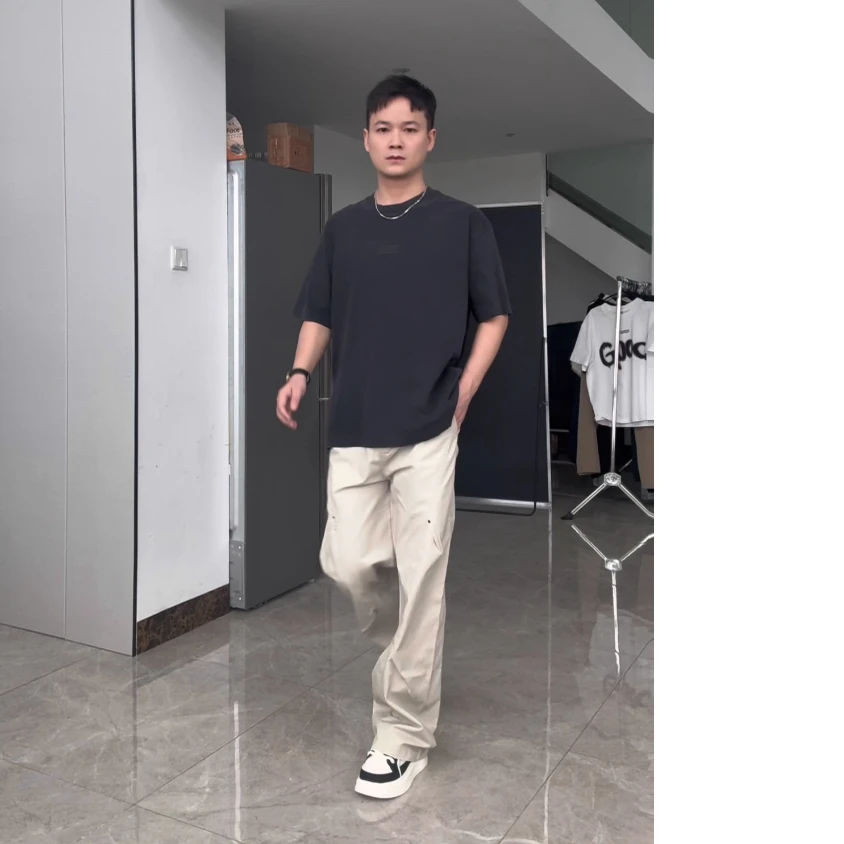 方向的向 夏季新款 洗水棉重磅黑灰色T恤+浅卡其色冰感夏季长裤