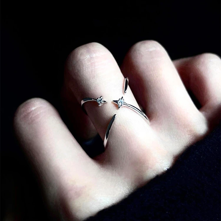 铜合金戒指 四芒星闪钻戒指女小众设计感冷淡风正反两戴开口指环