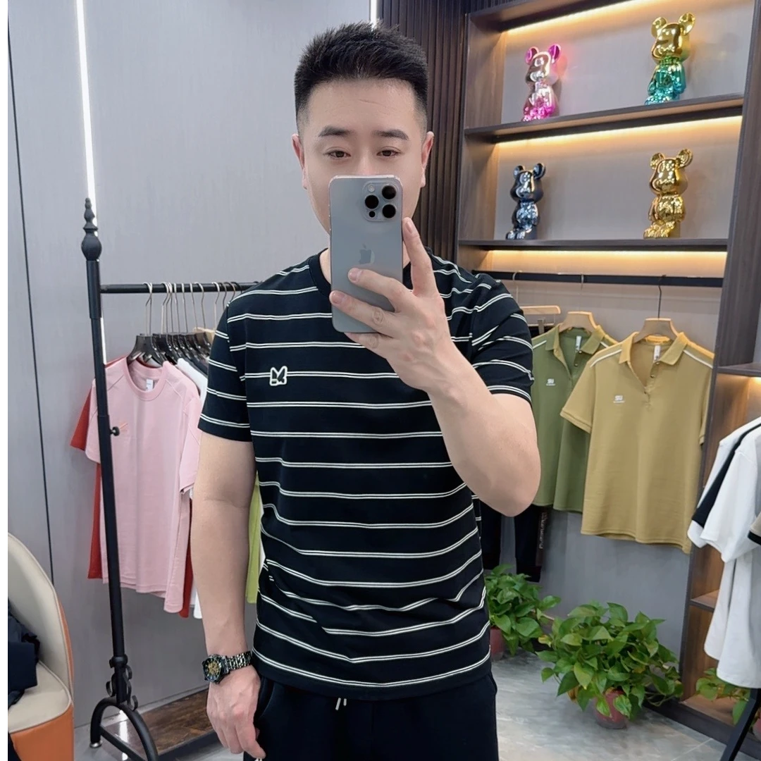 夏季男士新款t恤高品质时尚百搭潮流条纹弹力半袖圆领韩版T恤