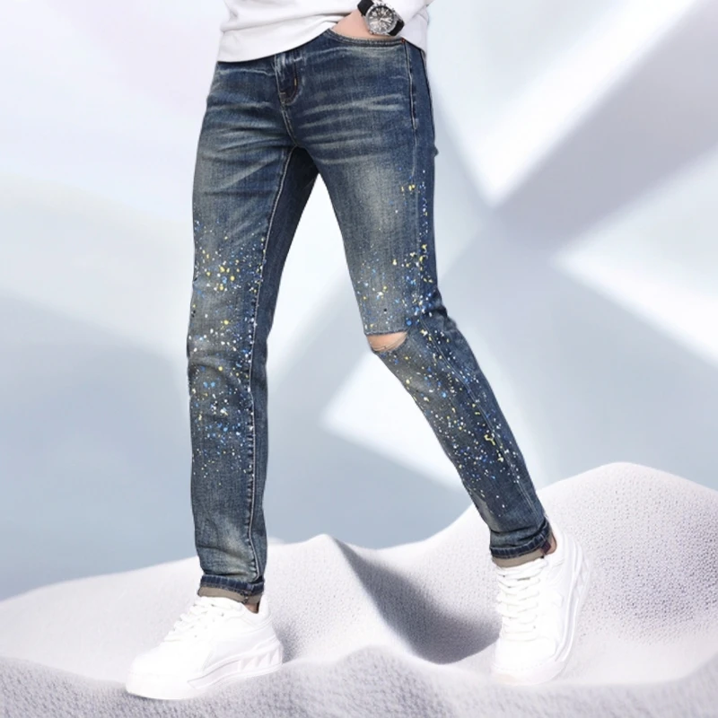 宾斯洛特破洞牛仔裤男款星星印花修身小脚泼墨时尚休闲百搭长裤子