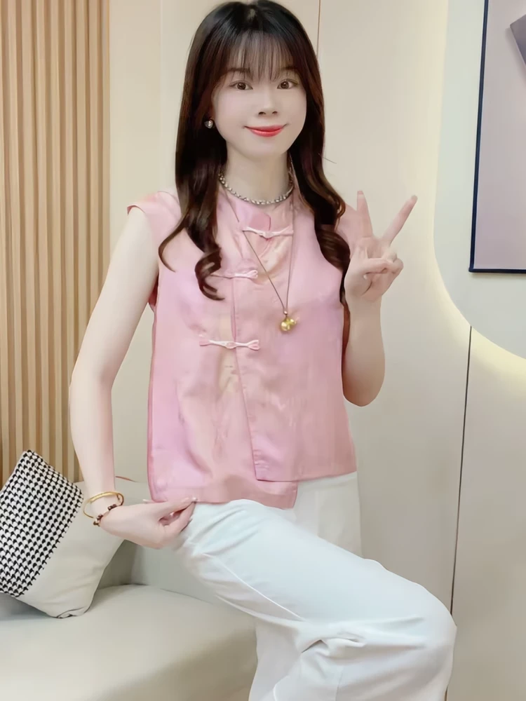 新中式国风衬衫女夏季新款洋气小个子盘扣无袖上衣设计感修身衬衣