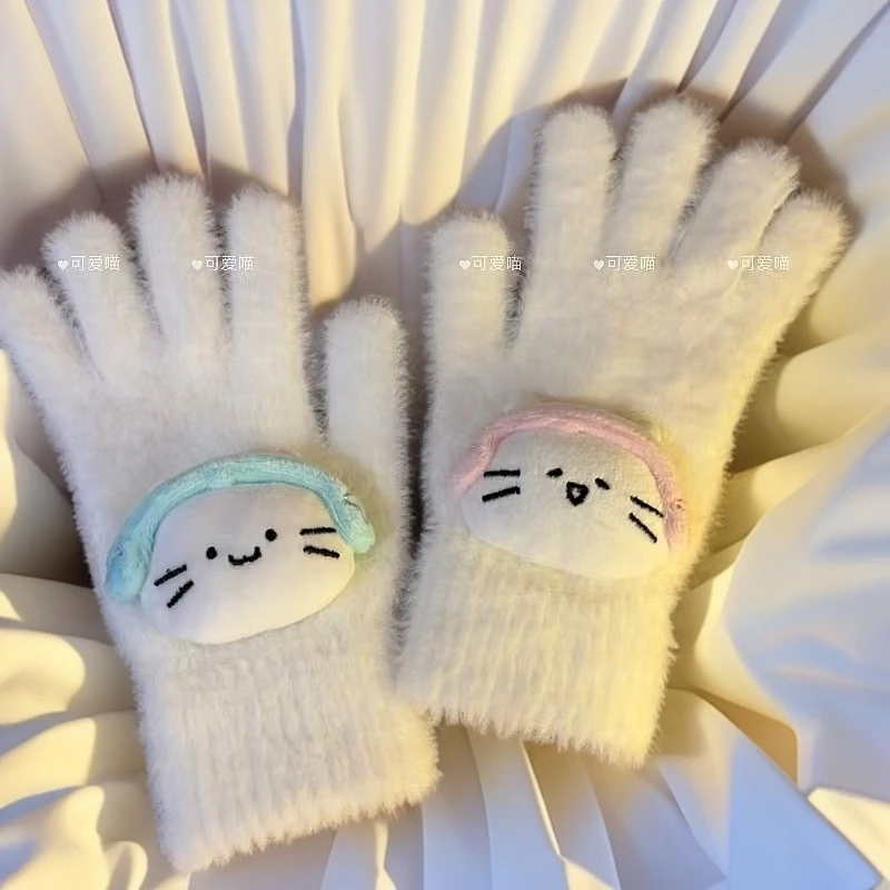 软萌耳机小猫手套冬季骑行毛绒分指手套可爱软妹保暖情侣闺蜜礼物