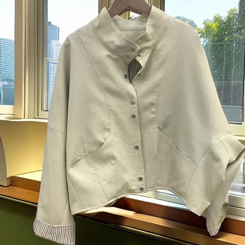 立领女拼接春季钉珠绣花短外套韩版短款休闲设计感女士气质