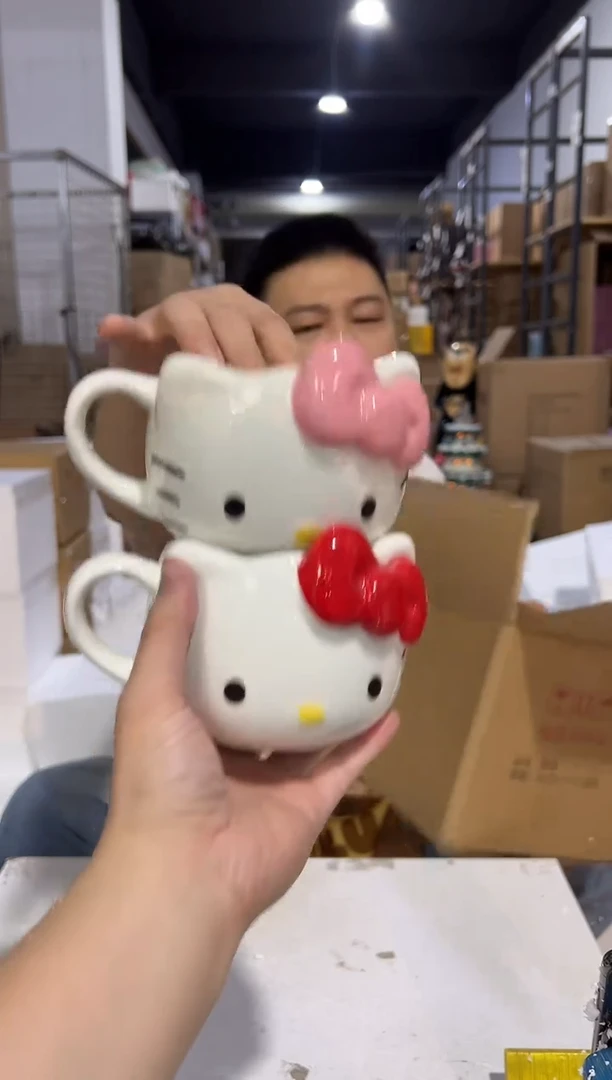 瓷片红色加粉色蝴蝶结kt头杯2件套微瑕