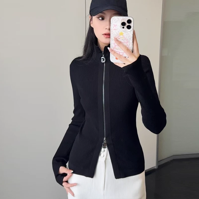 哥弟阿玛施正品长袖时尚显瘦立领毛针织衫开衫针织翻领毛衫女外套