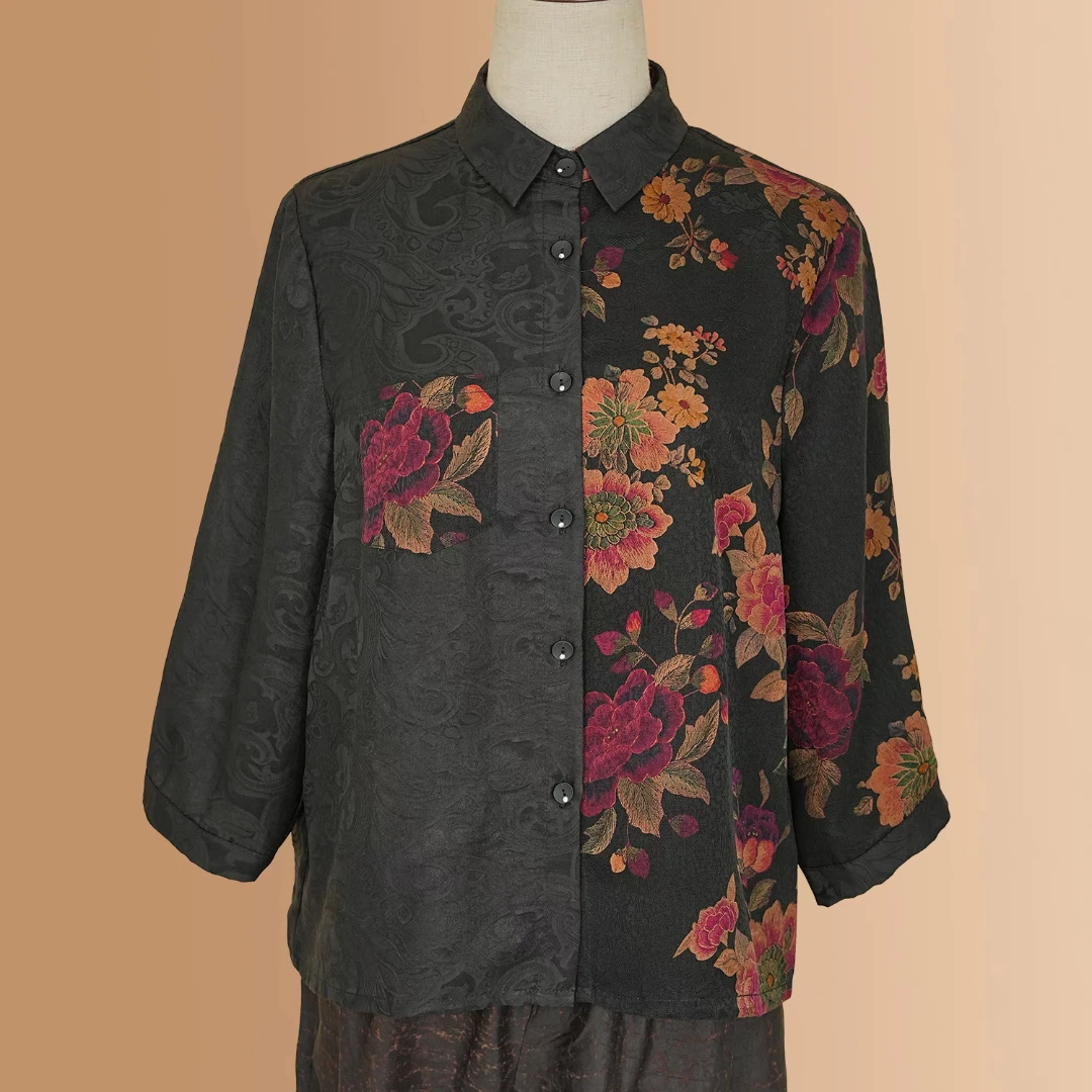 桑蚕丝重磅香云纱提花休闲百搭复古新中式气质衬衫外套8021