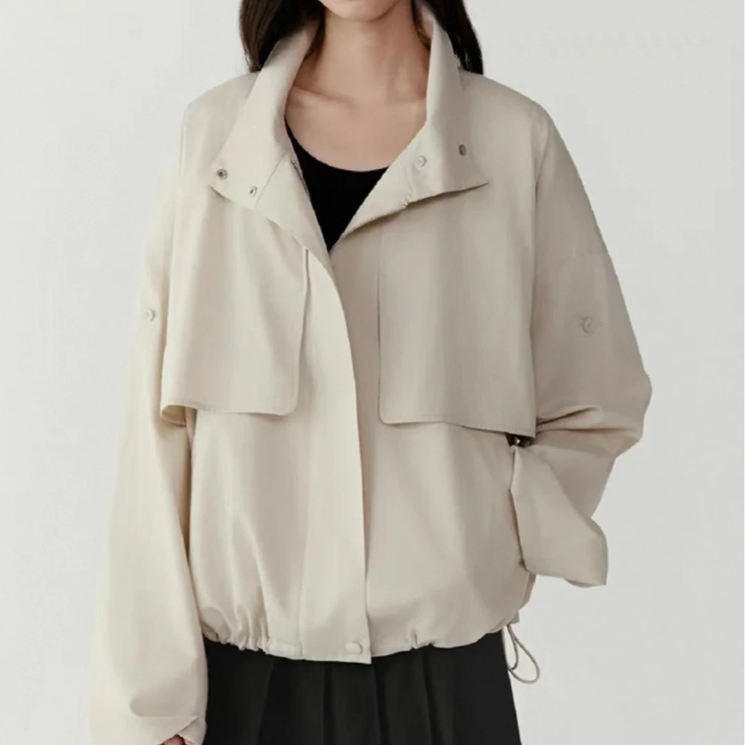 H057小禾系2025新款棉丝斜纹长袖立领夹克短款风衣外套