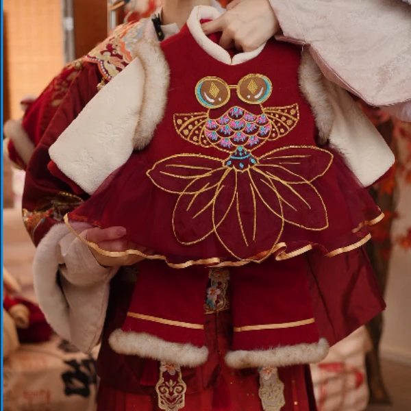 拜年服女童汉服冬季儿童国风套装宝宝周岁礼服女孩过新年喜庆衣服