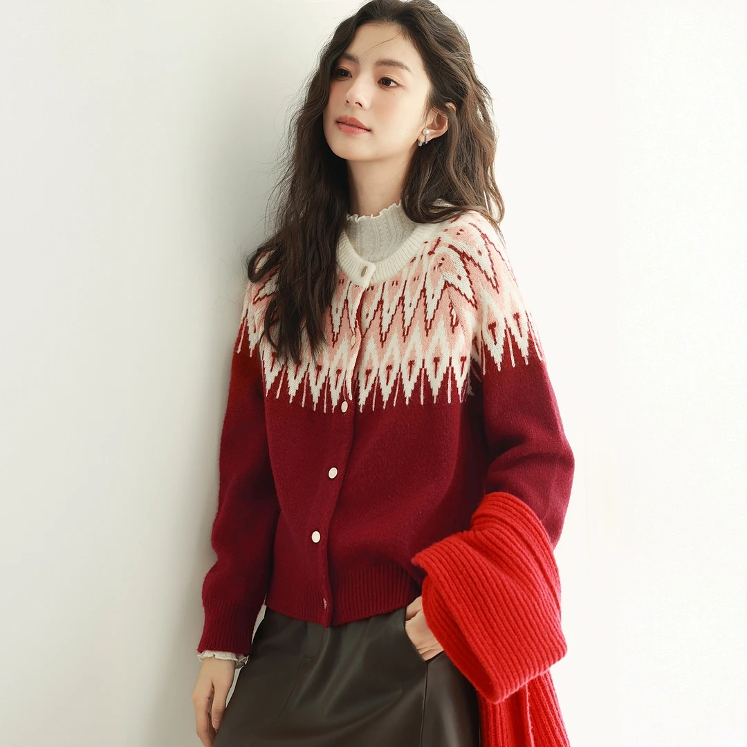 法式撞色针织衫秋冬季2025新款长袖复古百搭圆领毛衣时尚气质开衫