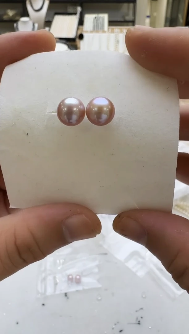 银S925镶嵌淡水珍珠耳钉10mm 中国红-新品