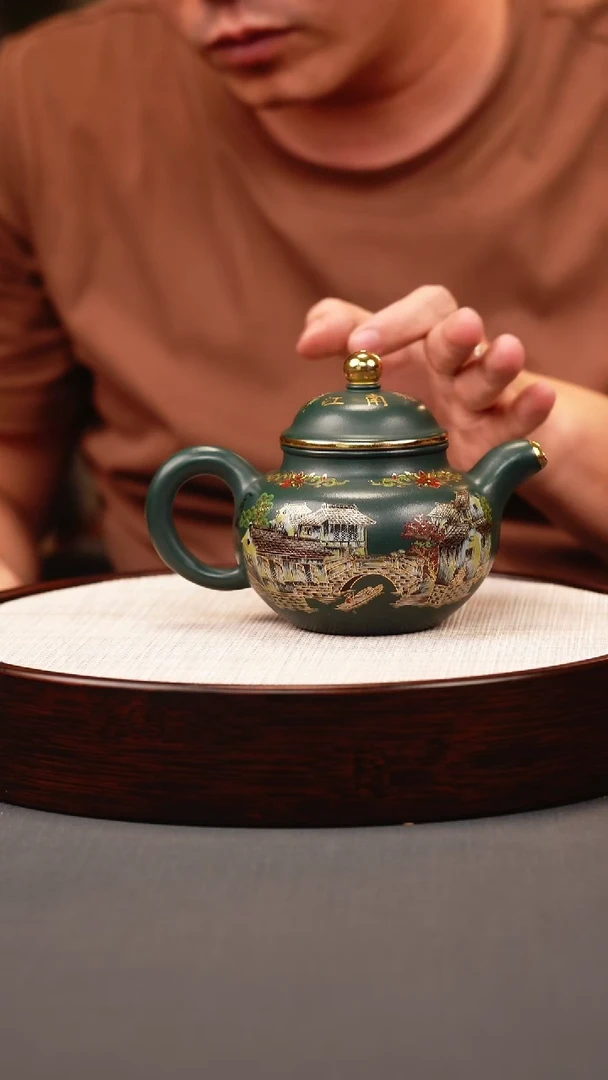 茶壶紫砂绿泥 掇球 忆江南珐琅彩