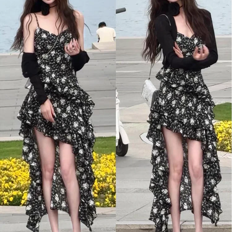 战袍黑茶碎花不规则吊带显瘦女夏季纯欲风性感辣妹长裙防晒开衫