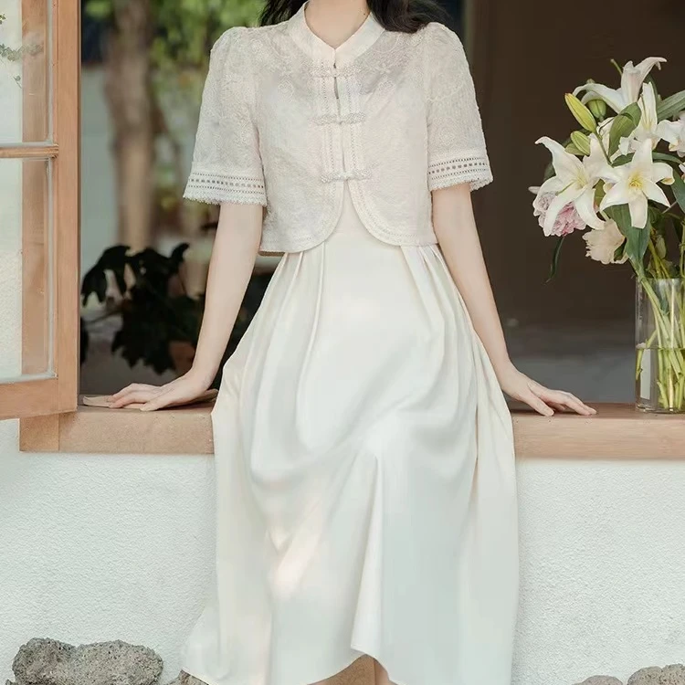 A161新中式盘扣超仙吊带裙两件套