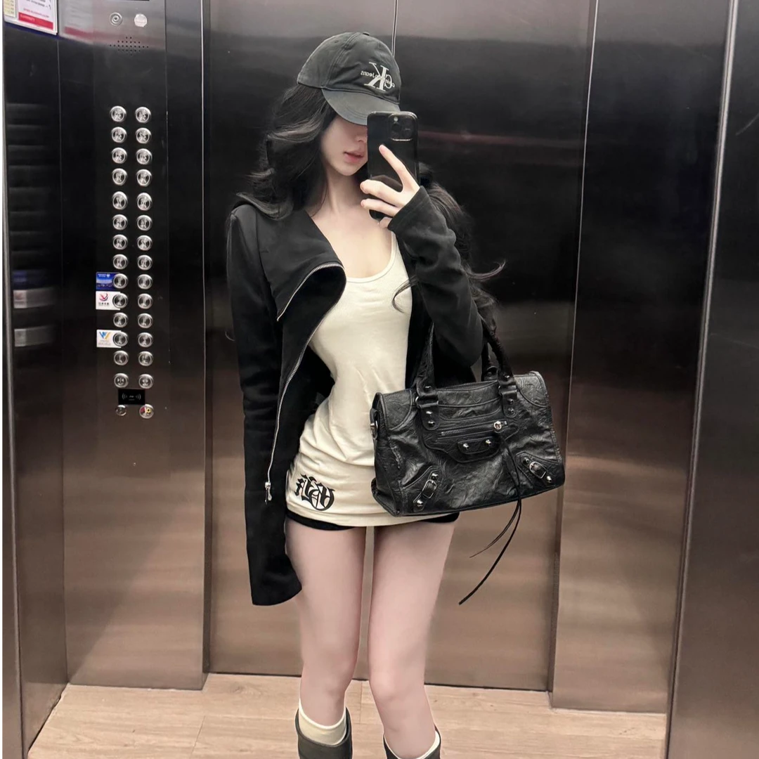 美式复古宽松翻领夹克外套女秋冬季设计感小众辣妹内搭上衣短裤子